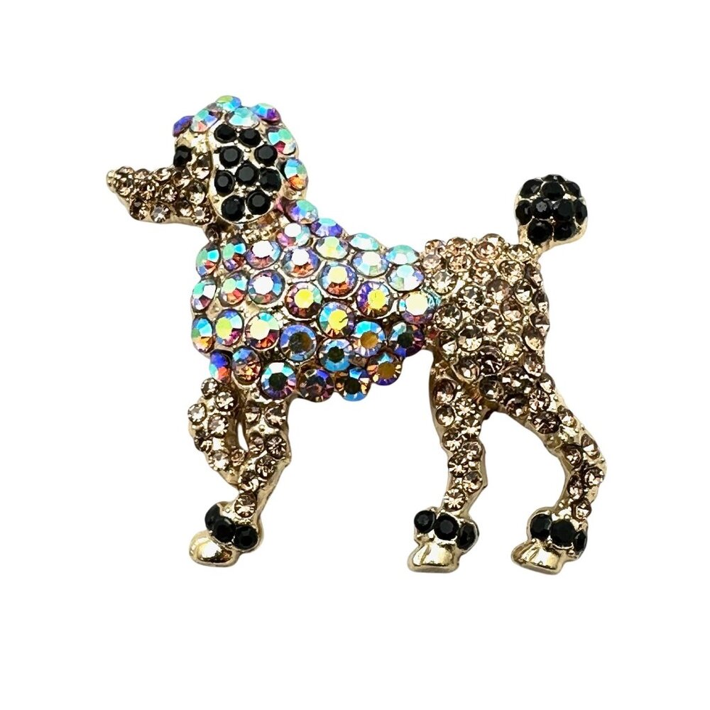 Black Brown Crystal Poodle Dog Brooch Pin Gold tone Vintage Style